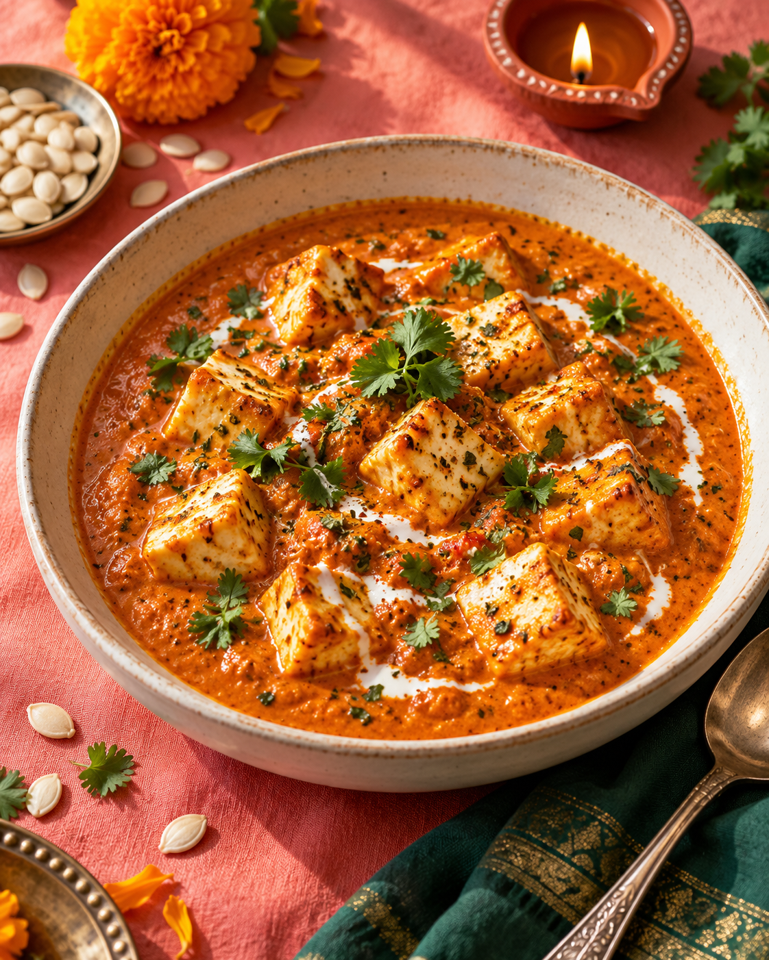 Serving inspiration: golden plant paneer cubes in an orange makhani-style curry, topped with coriander