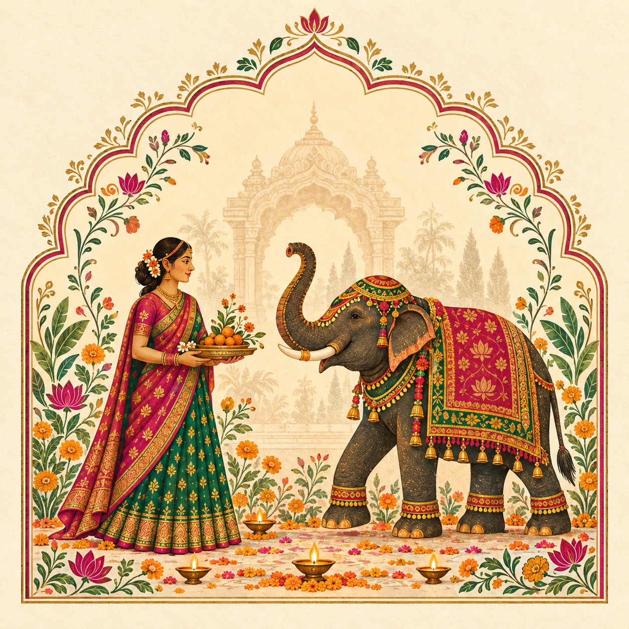 Traditional Indian illustration of a woman in a magenta saree sharing a peaceful garden with a decorated elephant