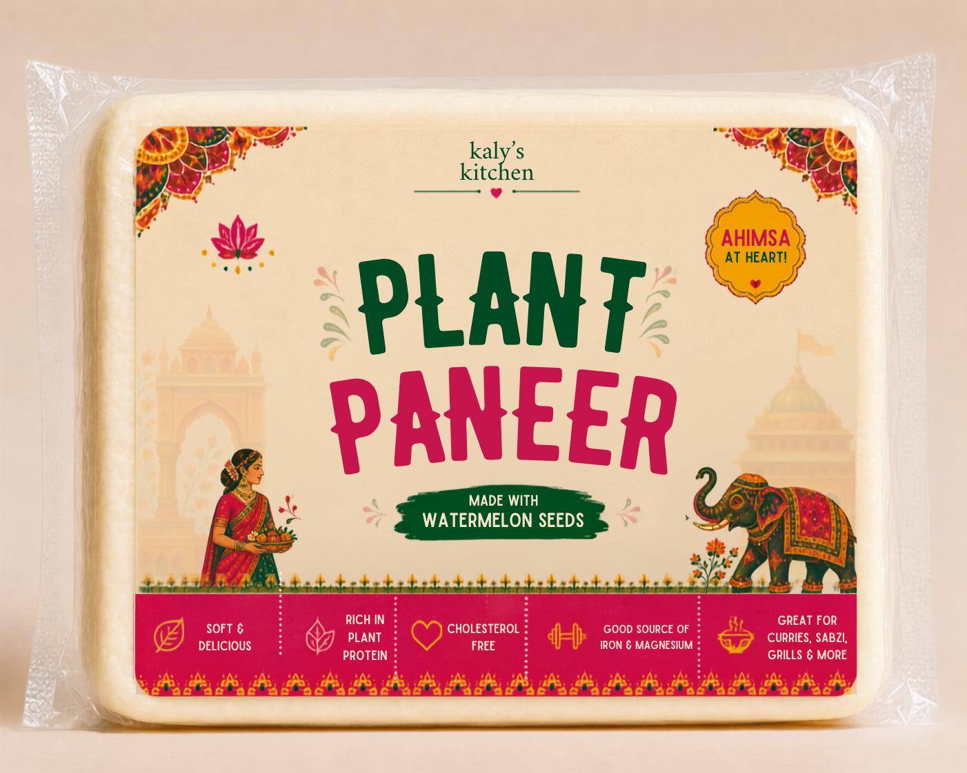 Kaly’s Kitchen Plant Paneer packaging concept in cream, green and magenta, featuring a saree-clad woman and elephant